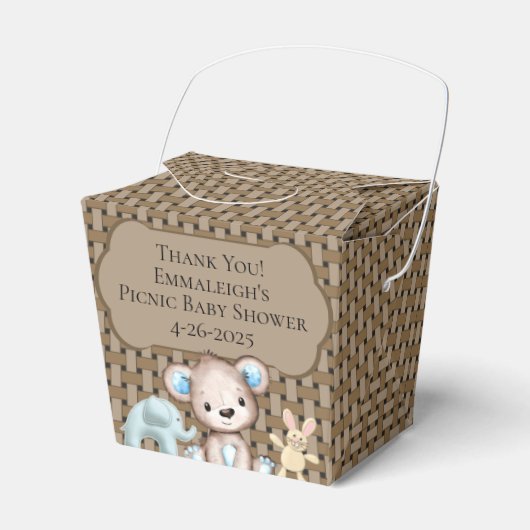 ブラウンピクニックフレンズ赤ちゃんシャワーバスケットありがとう フェイバーボックス (正面サイド)