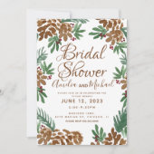 ブラウンピネコーンウォーターカラーグリーンブライダルシャワー 招待状 (正面)