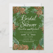 ブラウンピネコーンウォーターカラーグリーンブライダルシャワー 招待状 (正面)