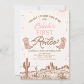 ブラウンピンクの女性のカーボーイブーツ最初のロデオ1歳の誕生日 招待状 (正面)