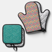 ブラウンピンクオレンジターコイズ幾何学模様 鍋つかみ&鍋敷きセット (正面/裏面)