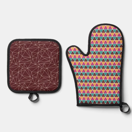 ブラウンピンクオレンジターコイズ幾何学模様 鍋つかみ&鍋敷きセット (正面)