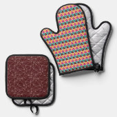 ブラウンピンクオレンジターコイズ幾何学模様 鍋つかみ&鍋敷きセット (正面/裏面)