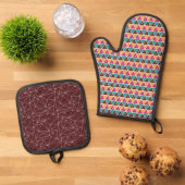 ブラウンピンクオレンジターコイズ幾何学模様 鍋つかみ&鍋敷きセット (トップダウン)