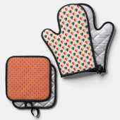 ブラウンピンクオレンジターコイズ幾何学模様 鍋つかみ&鍋敷きセット (正面/裏面)