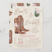 ブラウンピンクフローラブーツと泡立ちブライダルシャワー 招待状 (正面/裏面)