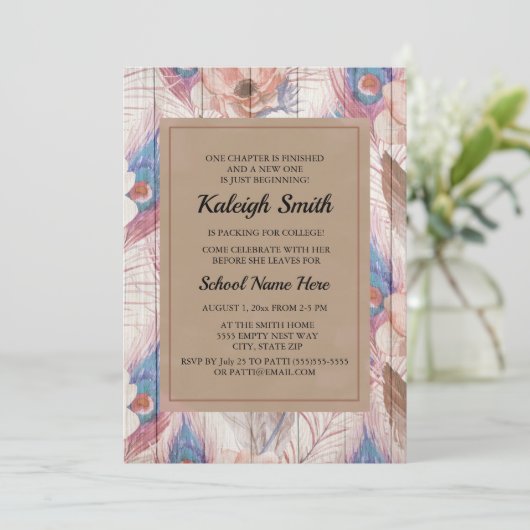 ブラウンピンクボホフローラ素朴と木の幹パーティー 招待状 (スタンド正面)