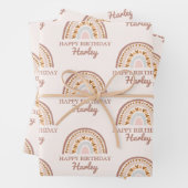 ブラウンピンクボホーレインボー名前をカスタムする誕生日ギフト ラッピングペーパーシート (インサイチュ)