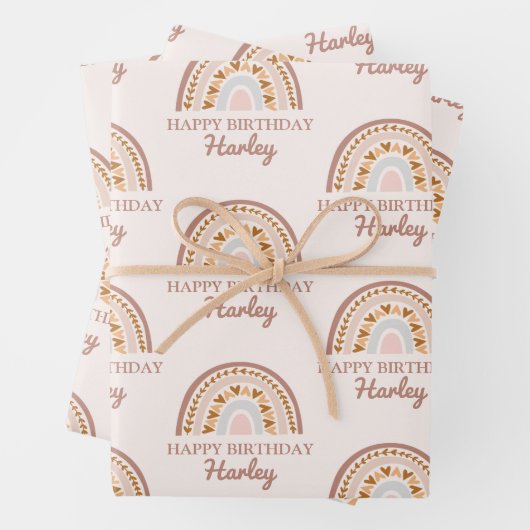 ブラウンピンクボホーレインボー名前をカスタムする誕生日ギフト ラッピングペーパーシート (インサイチュ)