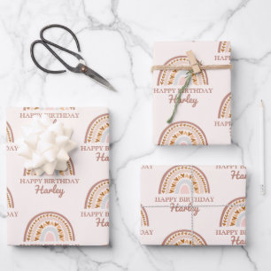 ブラウンピンクボホーレインボー名前をカスタムする誕生日ギフト ラッピングペーパーシート