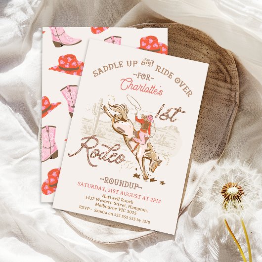 ブラウンピンク女性のカーボーイファーストRodeo 1st誕生日 招待状