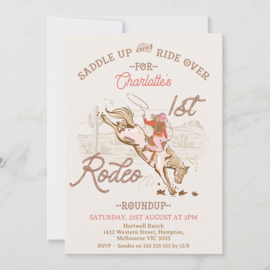 ブラウンピンク女性のカーボーイファーストRodeo 1st誕生日 招待状 (正面)