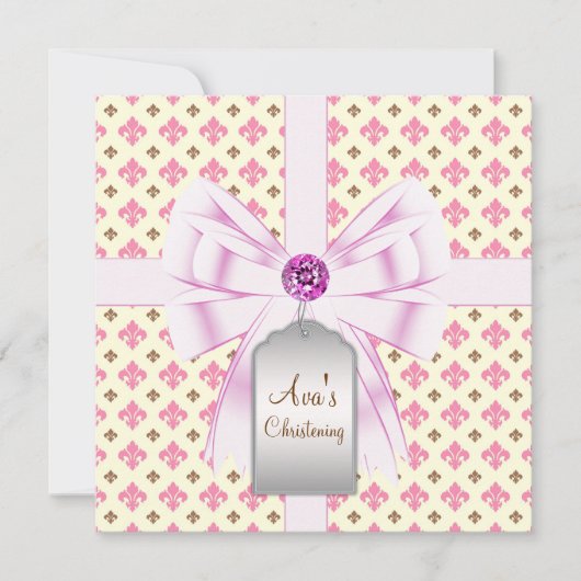 ブラウンピンク フルール ド リス 赤ちゃんの命名式 招待状 (正面)