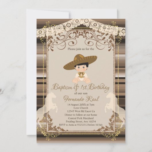 ブラウンフィエスタバプティスアンドファースト誕生日ボーイ 招待状 (正面)