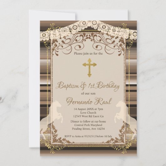 ブラウンフィエスタバプティスクロスアンドファースト誕生日 招待状 (正面)