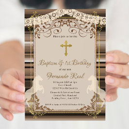 ブラウンフィエスタバプティスクロスアンドファースト誕生日 招待状