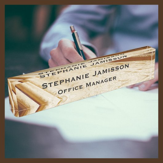 ブラウンフェイクファブリック名とタイトルデスク名のプレート デスクネームプレート