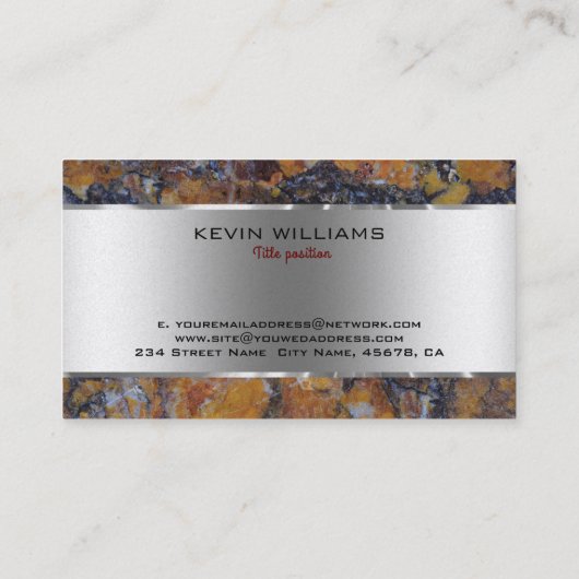 ブラウンフェイク大理石およびメタリックシルバー 名刺 (裏面)