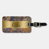 ブラウンフェイク大理石および金属金ゴールド ラゲッジタグ (正面横)