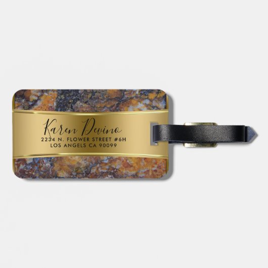 ブラウンフェイク大理石および金属金ゴールド ラゲッジタグ (裏面横)