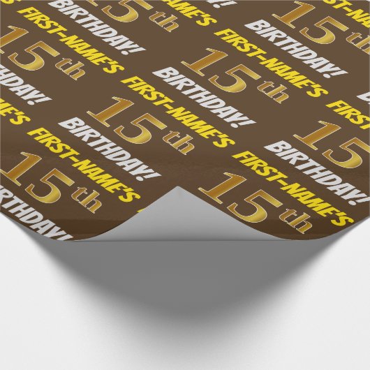 ブラウンフェイク/模造金ゴールド、「15誕生日」 ラッピングペーパー (角)