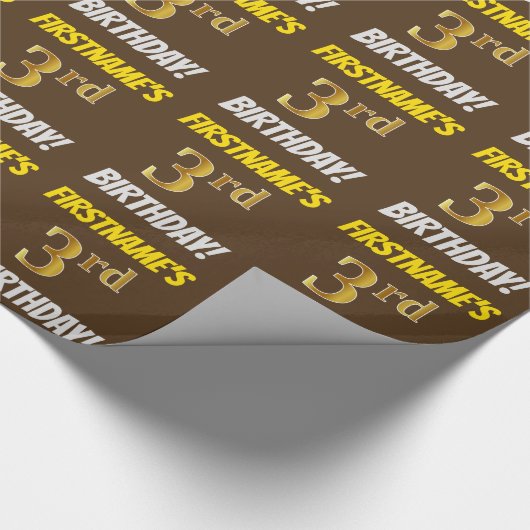 ブラウンフェイク/模造金ゴールド、「3回目の誕生日」 ラッピングペーパー (角)