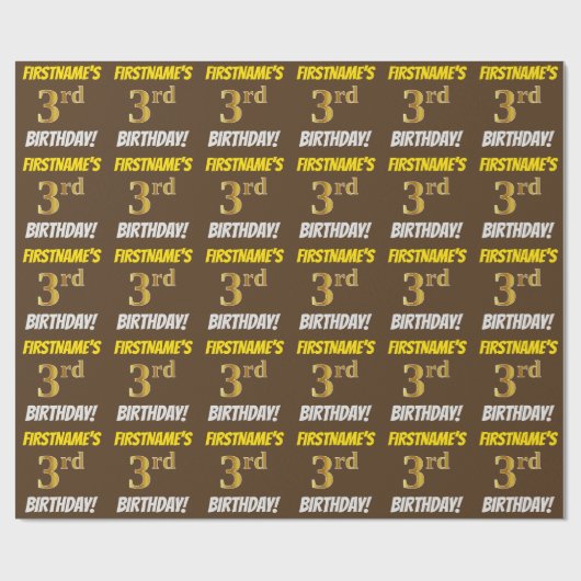 ブラウンフェイク/模造金ゴールド、「3回目の誕生日」 ラッピングペーパー (フラット)