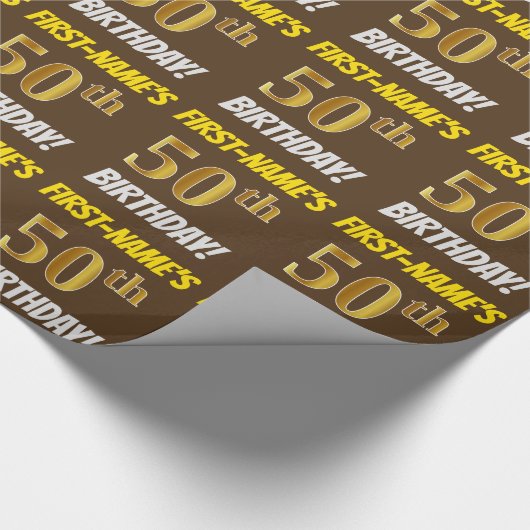 ブラウンフェイク/模造金ゴールド、「50誕生日」 ラッピングペーパー (角)