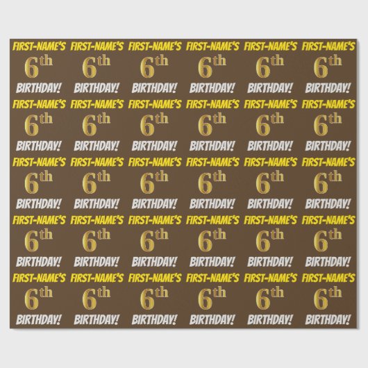 ブラウンフェイク/模造金ゴールド、「6誕生日」 ラッピングペーパー (フラット)