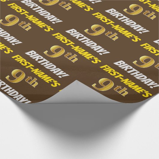 ブラウンフェイク/模造金ゴールド、「9誕生日」 ラッピングペーパー (角)