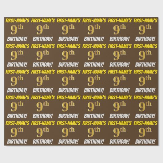ブラウンフェイク/模造金ゴールド、「9誕生日」 ラッピングペーパー (フラット)