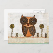 ブラウンフクロウレースと花ミックスメディアアート ポストカード (正面/裏面)