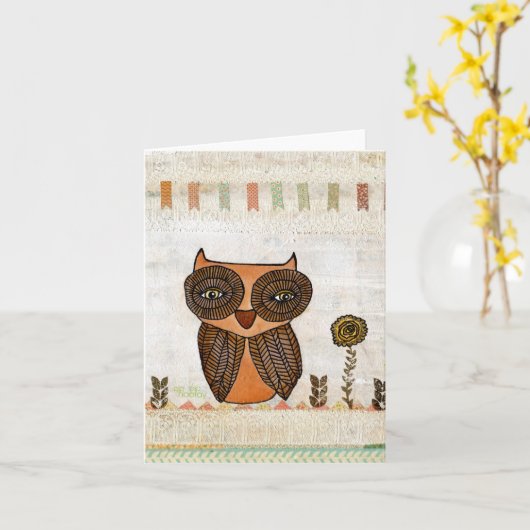 ブラウンフクロウ混合メディアアー素朴ト カード (黄色い花)