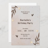 ブラウンフローラ水色葉誕生日招待状 招待状 (正面/裏面)