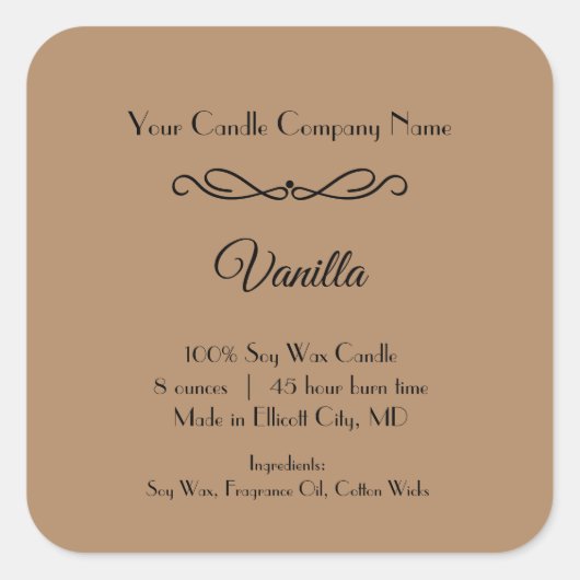 ブラウンブラックキャンドルレーベル華やかな渦巻きミニマリスト スクエアシール (正面)