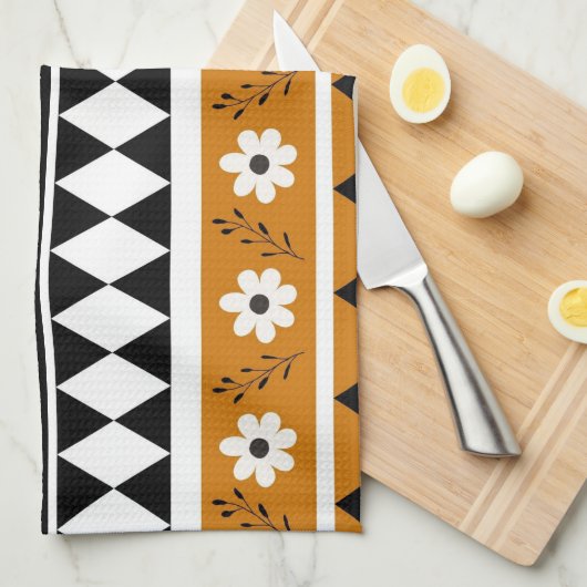 ブラウンブラックストライプフローラ熱帯植物学 キッチンタオル (四つ折り)