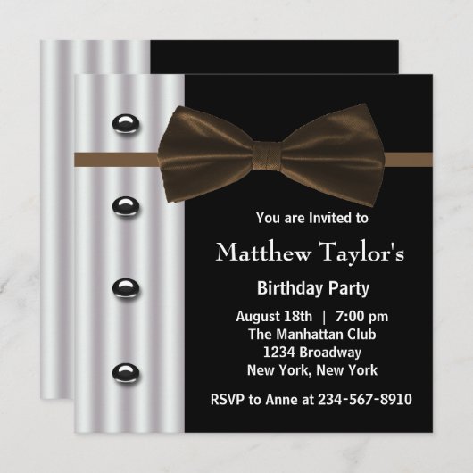 ブラウンブラックタキシードボウタイメンバースデーパーティー 招待状 (正面/裏面)