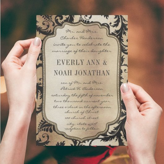 ブラウンブラックダマスクアイスカメタル結婚式招待状 招待状