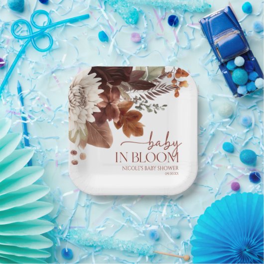 ブラウンブルゴーニュベビーイン開花フローラベビーシャワー ペーパープレート (パーティー)