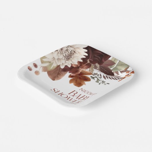 ブラウンブルゴーニュベビーイン開花フローラベビーシャワー ペーパープレート (傾斜あり)