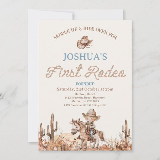 ブラウンブルーカウボット最初のロデオ1歳の誕生日 招待状 (正面)