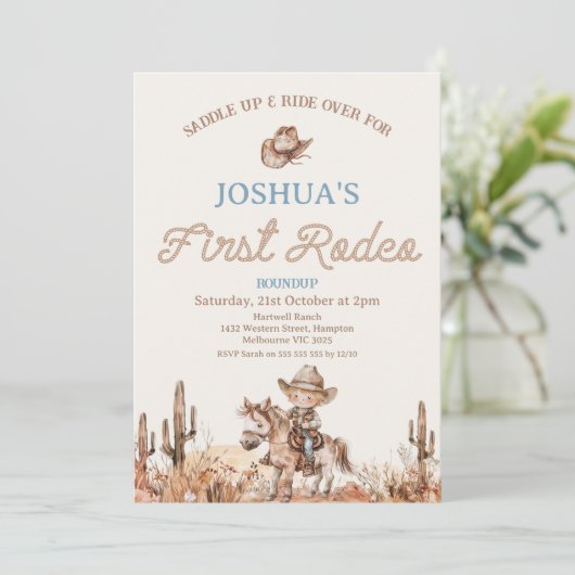 ブラウンブルーカウボット最初のロデオ1歳の誕生日 招待状 (スタンド正面)
