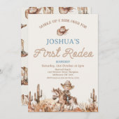 ブラウンブルーカウボット最初のロデオ1歳の誕生日 招待状 (正面/裏面)