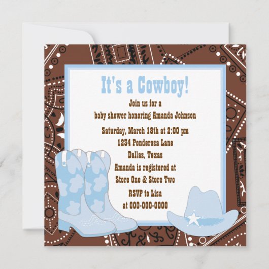 ブラウンブルーカウボーイブーツカウボーイベビーシャワー 招待状 (裏面)