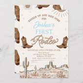ブラウンブルーカウボーイブーツ最初のRodeo最初の誕生日 招待状 (正面/裏面)