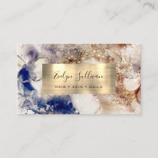 ブラウンブルーグリッター水彩金箔 名刺 (正面)