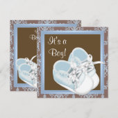 ブラウンブルーダマスクシューズ男の赤ちゃんシャワー 招待状 (正面/裏面)