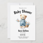 ブラウンブルーテディベアーピンクの花赤ちゃんシャワー 招待状 (正面)