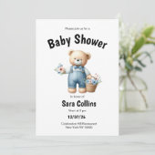 ブラウンブルーテディベアーピンクの花赤ちゃんシャワー 招待状 (スタンド正面)