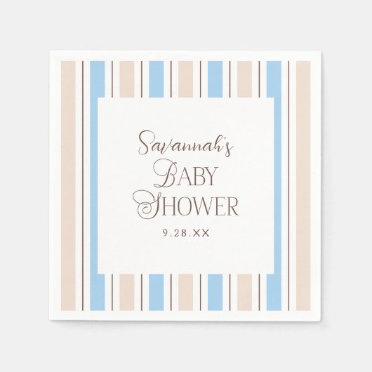 ブラウンブルーホワイトストライプパタカスタムーン赤ちゃんシャワー スタンダードカクテルナプキン (正面)